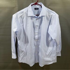 Chaps Mens Button Down Shirt L blue Checkered comfort stretch Sz 17.5  34/35